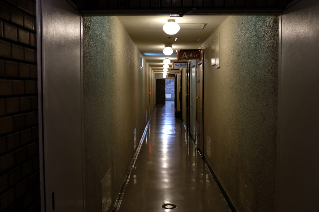 北新地のビルに埋め込まれた通り抜け路地