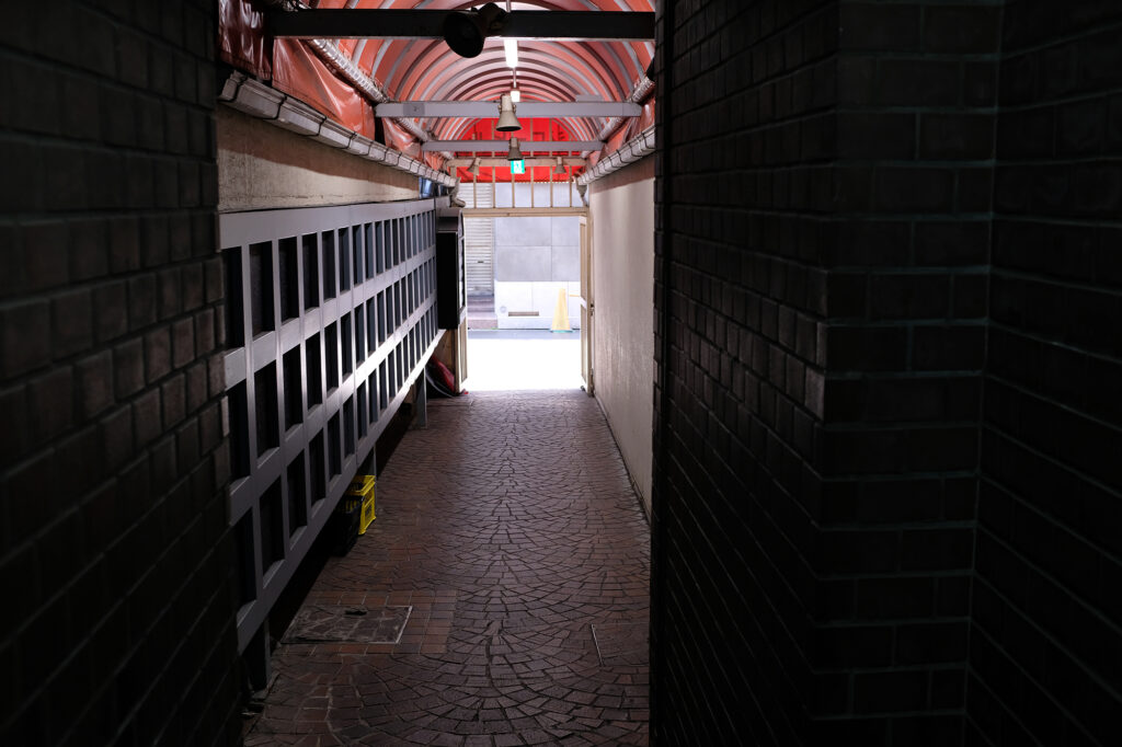 北新地のビルに埋め込まれた通り抜け路地