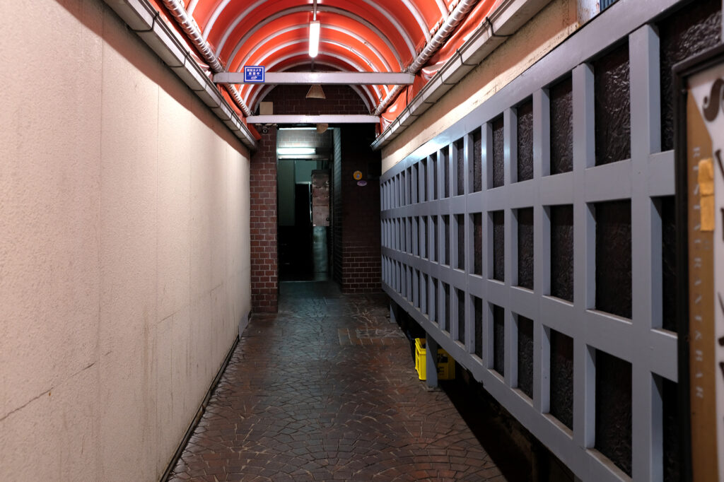 北新地のビルに埋め込まれた通り抜け路地