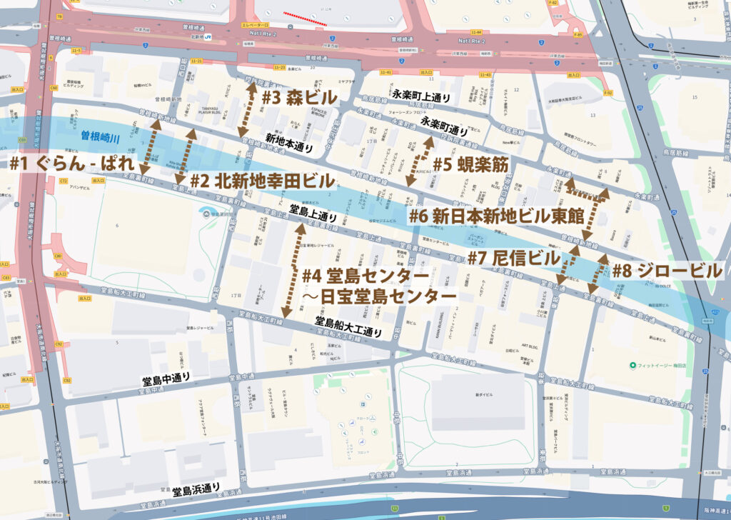 北新地のビルに埋め込まれた通り抜け路地マップ